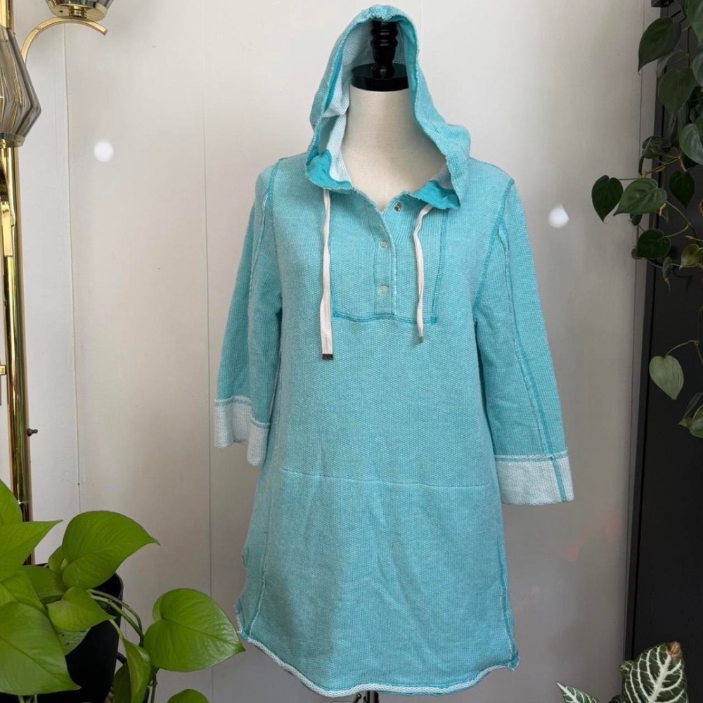 Soft Surroundings Teal Blue Cotton Hooded Tunic Beach Coverup Pocket Medium